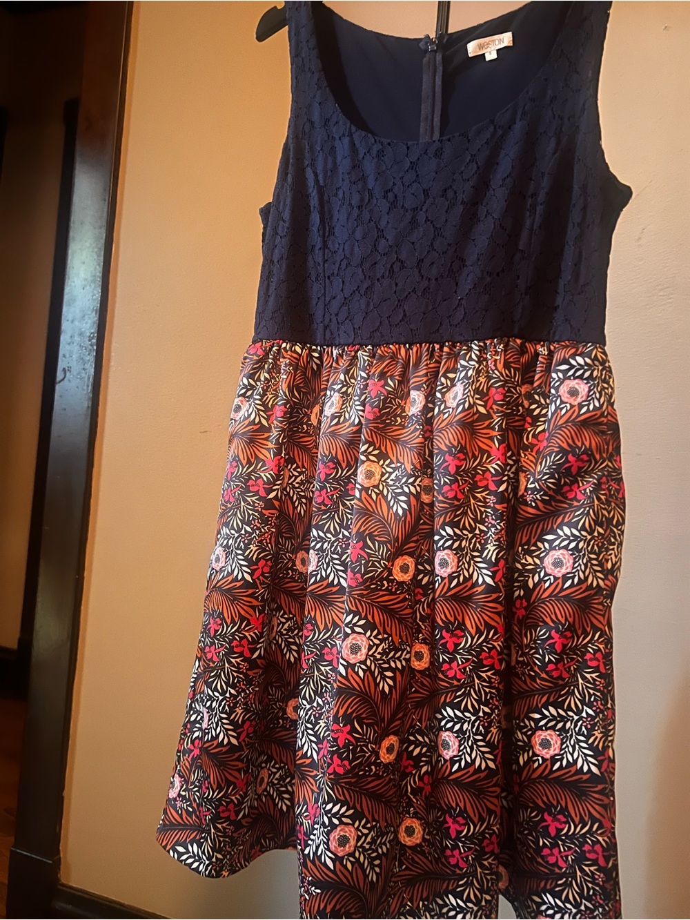 Anthropologie Blue  Lace Bodice Floral Print Tulle Skirt Dress